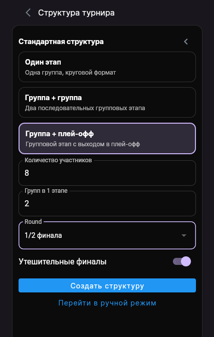 Панель «Стандартная структура»: 8 участников, 2 группы, 1/2 финала, включённый переключатель утешительных финалов